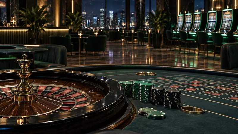 Yeşil ışıklı casino salonunda rulet masası ve slot makineleri