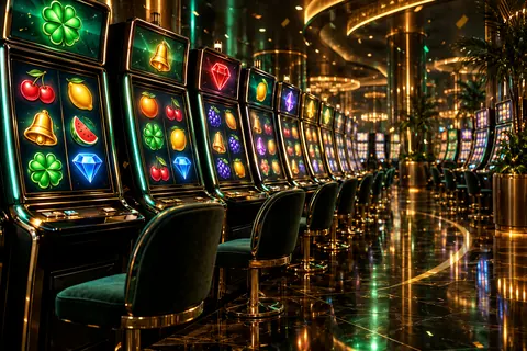 Işıklı bir casino salonunda yan yana dizilmiş slot makineleri