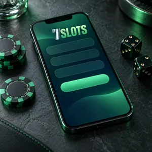 Ekranında 7Slots logosu olan akıllı telefon, yanında casino fişleri ve zarlar